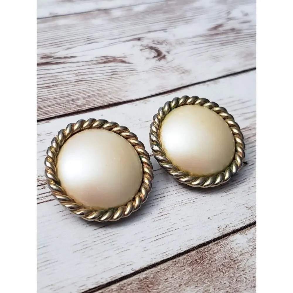 Vintage Clip On Earrings - Golden Cream Tone with Gold Tone Halo Large 1 & 1/8